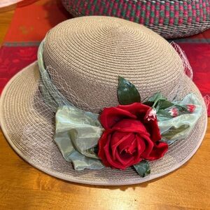 Louise Green straw hat with red velvet rose